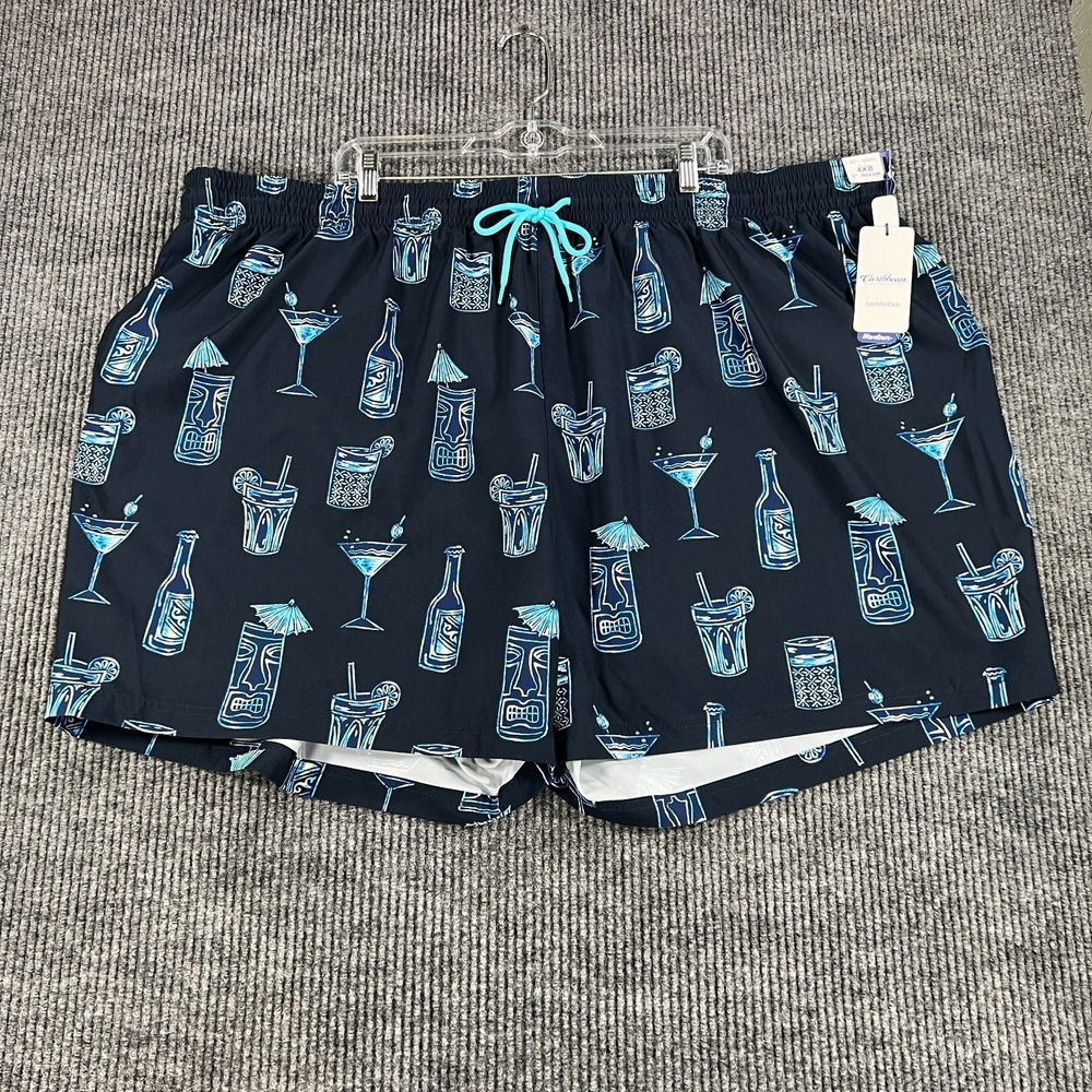 Caribbean Swim Shorts Mens 4XB Big Blue Geometric Lined Ocean Beach Pool New